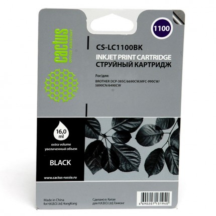 Совместимый картридж струйный Cactus CS-LC1100BK черный для Brother DCP-385c/ 6690cw/ MFC-990/ 5890 (16ml)