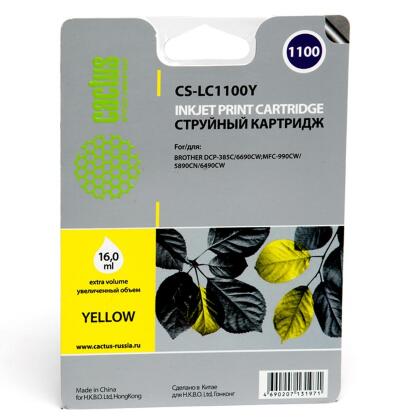 Совместимый картридж струйный Cactus CS-LC1100Y желтый для Brother DCP-385c/ 6690cw; MFC-990/ 5890/ 5895 (16ml)