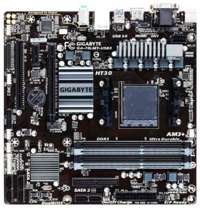 Материнская плата Gigabyte GA-78LMT-USB3 Soc-AM3+ AMD 760G 4xDDR3 mATX AC`97 8ch(7.1) GbLAN RAID RAID1 RAID10+VGA+DVI+HDMI