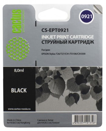Совместимый картридж струйный Cactus CS-EPT0921 черный для Epson Stylus C91/ CX4300/ T26/ T27/ TX106 (8ml)