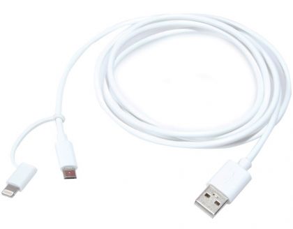 Дата-кабель Lightning MFI+microUSB/USB для Apple iPhone 5/5C/5S/6, Samsung/ Lenovo/ LG/ Asus/ ZTE/ Motorola/ Nokia/ Sony, корпус ABS, белый