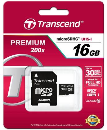 Карта памяти Transcend Premium 200x microSDHC 16Gb CL10 UHS-I с адаптером