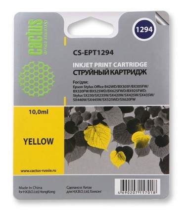Совместимый картридж струйный Cactus CS-EPT1294 желтый для Epson Stylus Office B42/ BX305/ BX305F (10ml)