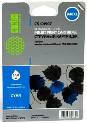 Совместимый картридж струйный Cactus CS-C4907 голубой для №940 HP OfficeJet PRO 8000/ 8500 (30ml)
