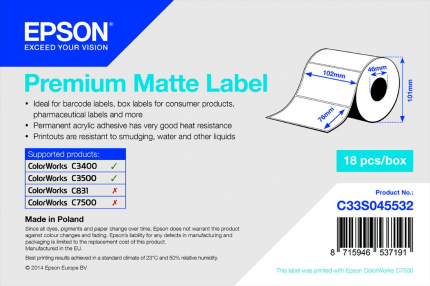 Рулон с вырубными этикетками Epson Premium Matte Label102 мм x 76 мм для ColorWorks C3400/ C3400BK/ C3500 (440 шт)