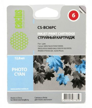 Совместимый картридж струйный Cactus CS-BCI6PC фото голубой для Canon S800/ S820/ S900; BJC-8200 (12ml)