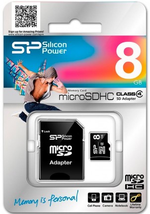 Карта памяти Silicon Power microSDHC 8Gb Class4 с адаптером (SP008GBSTH004V10-SP)